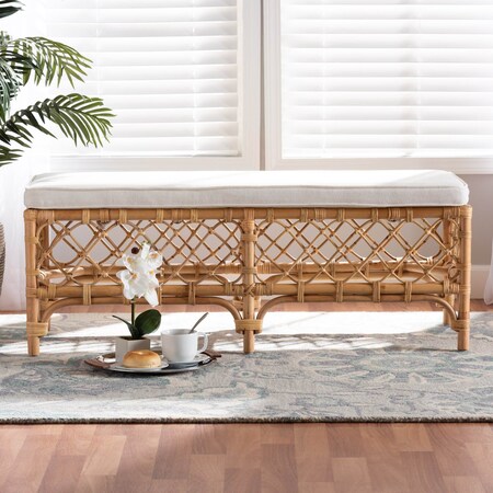 Baxton Studio Orchard Modern Bohemian White Fabric Upholstered and Natural Brown Rattan Bench 203-12584